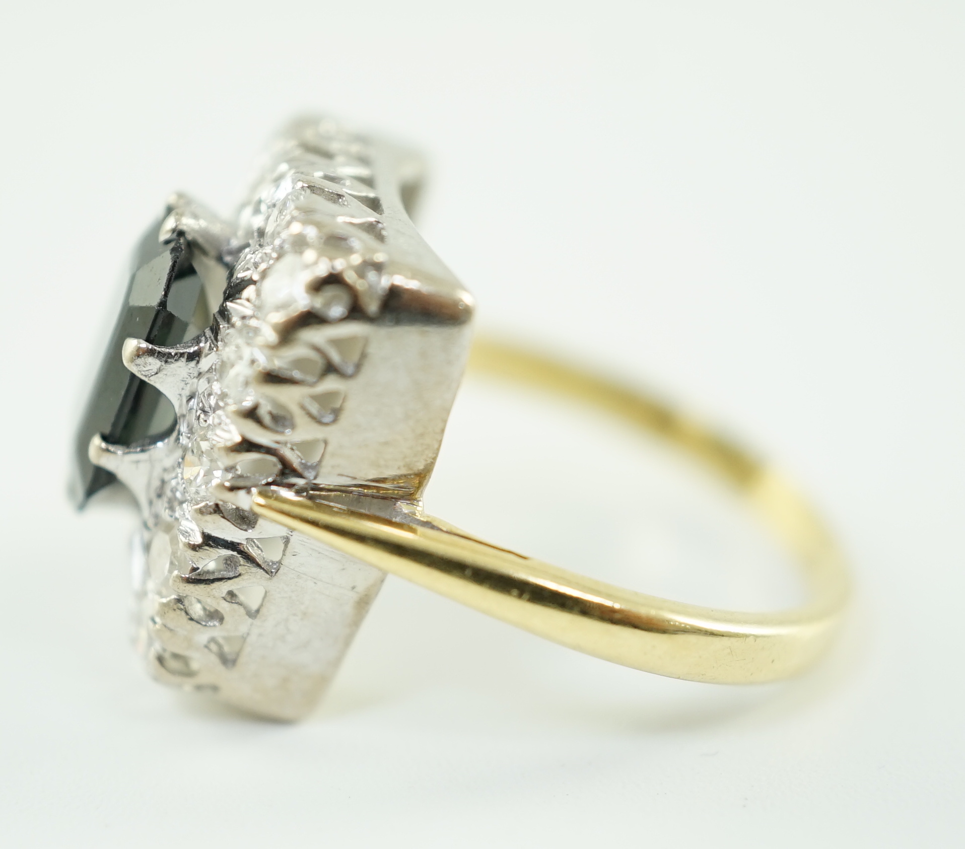 A modern 18ct gold, sapphire and diamond set rectangular cluster ring